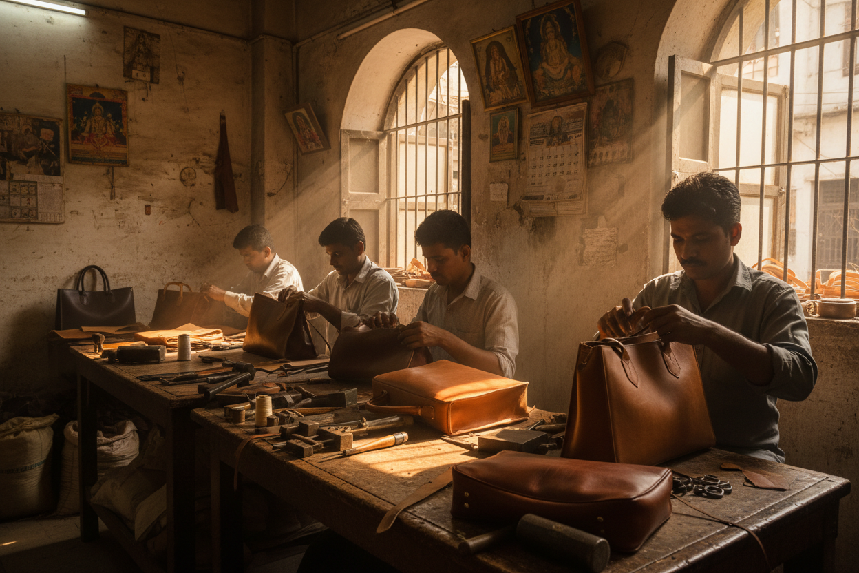 Dharavi leather market  handmade leather process  how leather bags are made  artisan leather crafting  traditional leatherwork  Mumbai leather artisans