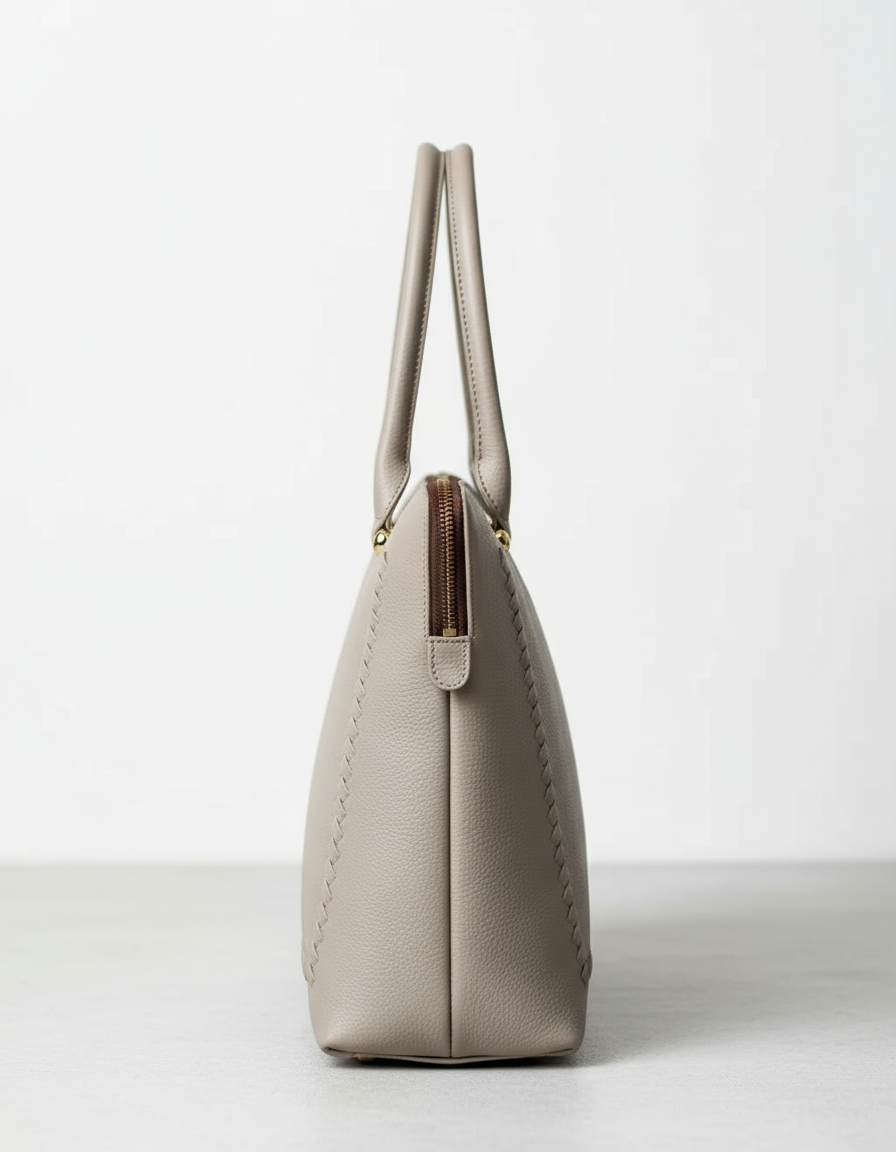 Side view of beige leather tote bag