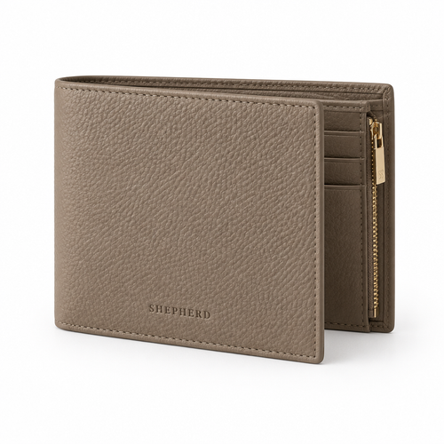 Shepherd Bifold Wallet in taupe pebbled leather with gold zip coin compartment